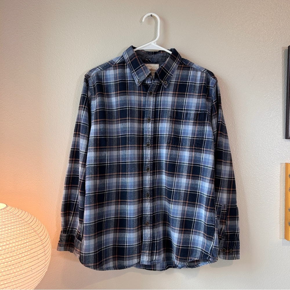 Weatherproof blue & orange plaid button up flannel shirt M